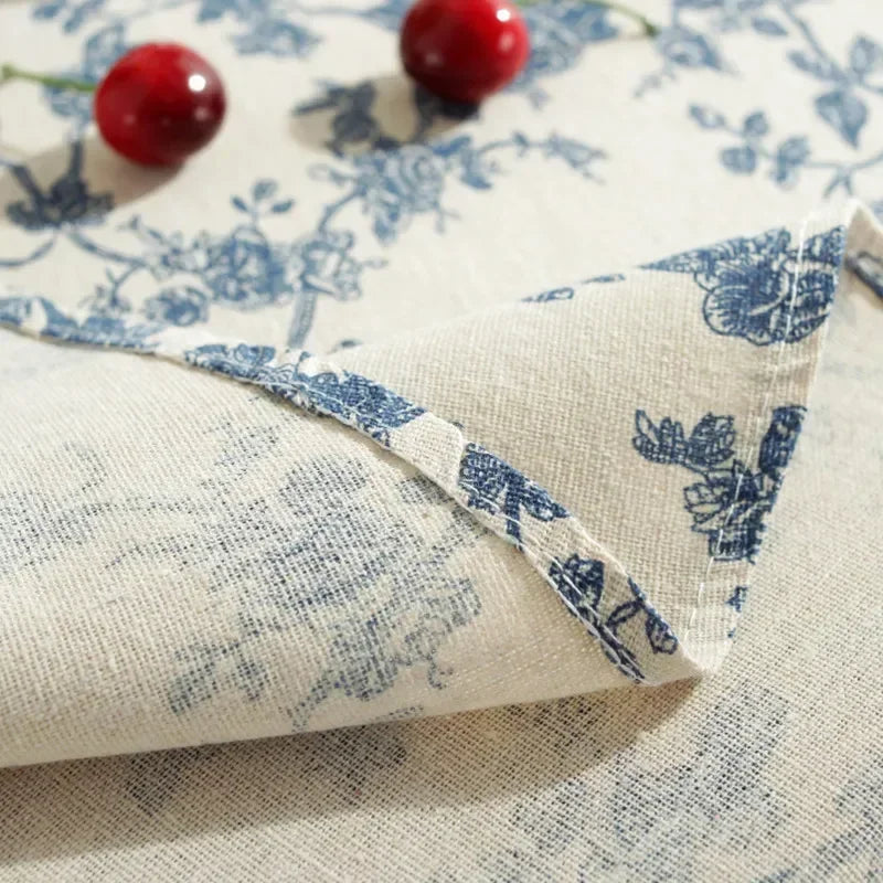Floral Linen Cotton Tablecloth Pastoral Floral Rustic Washable Round Table Cover For Farmhouse Decor,Picnic,Tabletop Decor