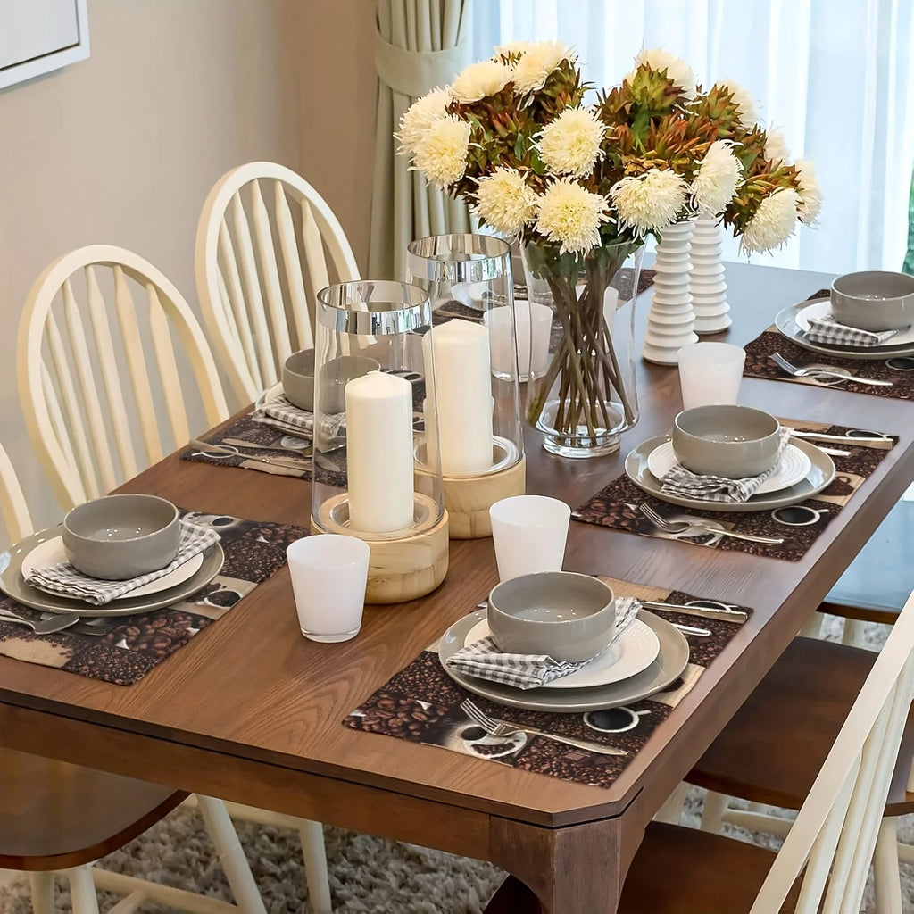 4/6/8pcs Coffee Beans Chocolate Cups Placemats Linen Washable Non Slip Heat Resistant Table Mats for Kitchen Dining Decor