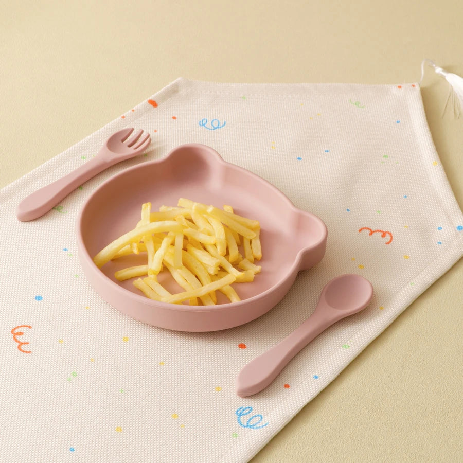 Mamaplan Silicone Kids Dishes Plate Soft Spoon Fork Cartoon Bear Dishes Plate Feeding Food Sucker Bowl Training Baby Tableware