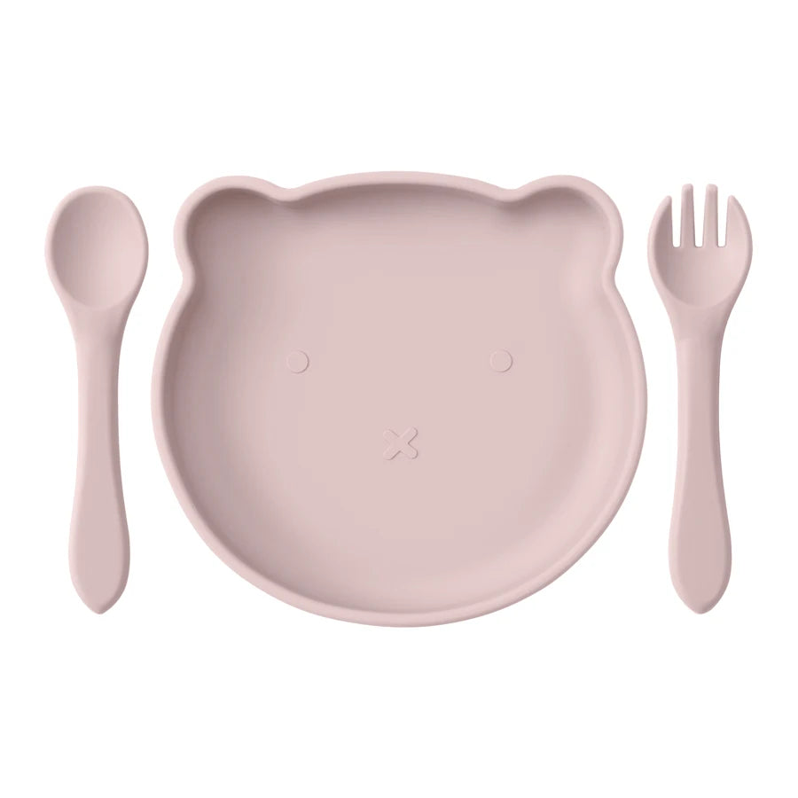 Mamaplan Silicone Kids Dishes Plate Soft Spoon Fork Cartoon Bear Dishes Plate Feeding Food Sucker Bowl Training Baby Tableware
