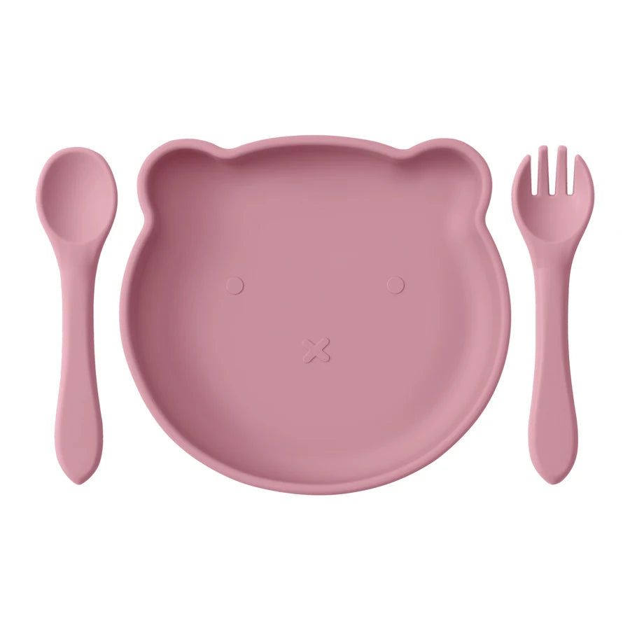 Mamaplan Silicone Kids Dishes Plate Soft Spoon Fork Cartoon Bear Dishes Plate Feeding Food Sucker Bowl Training Baby Tableware