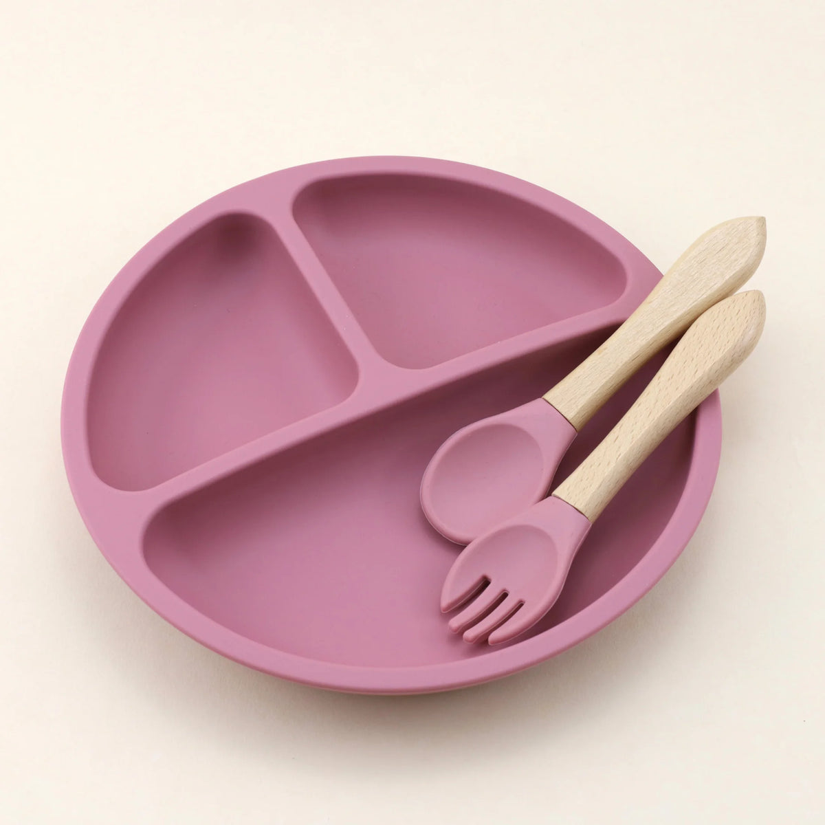 Food Grade Silicone Small Suction Cup Grid Plate, Baby Food Utensil, Wooden Handle Spoon Fork Three Piece Set
