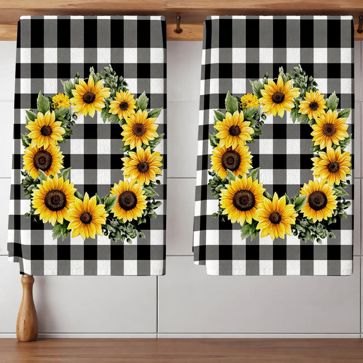 Bees, Sunflower, Wreath & Plaid Pattern Polyester Dish Towel, Kitchen Towel, Dish Cloth - Stylish Linen For Home Kitchen Daily Use