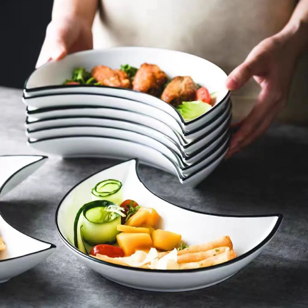 5 Piece Reunion Ceramic Dinnerware Serving Set Moon Shaped Hot Pot Plate Flexible Combination of Plates. Can be used for serving or everyday dinnerware.
