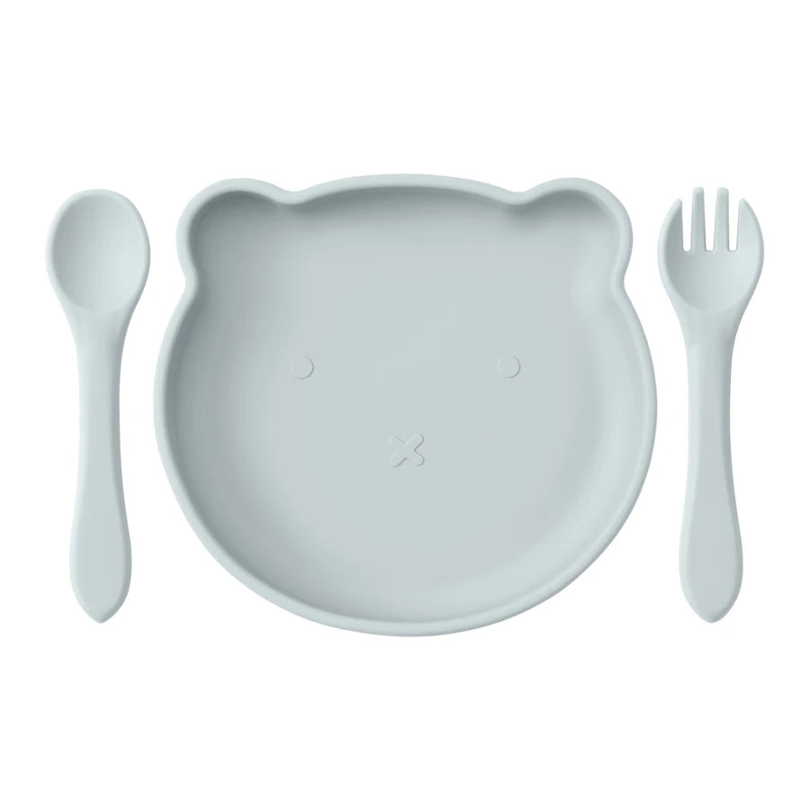 Mamaplan Silicone Kids Dishes Plate Soft Spoon Fork Cartoon Bear Dishes Plate Feeding Food Sucker Bowl Training Baby Tableware