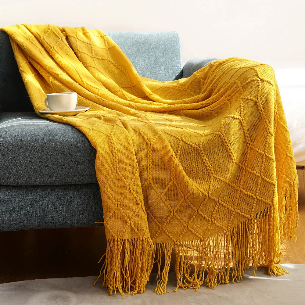 Khaki Gift Knitted Blanket with Tassels Chunky Vintage Luxury Farmhouse Throw Bedspread Oversized Blanket Cover Manta Para Sofá