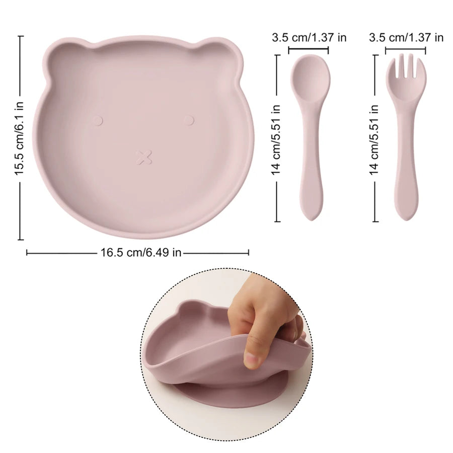 Mamaplan Silicone Kids Dishes Plate Soft Spoon Fork Cartoon Bear Dishes Plate Feeding Food Sucker Bowl Training Baby Tableware