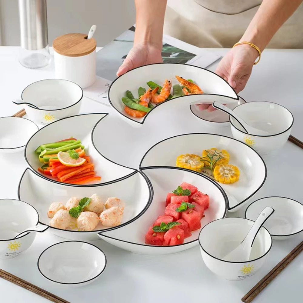 5 Piece Reunion Ceramic Dinnerware Serving Set Moon Shaped Hot Pot Plate Flexible Combination of Plates. Can be used for serving or everyday dinnerware.