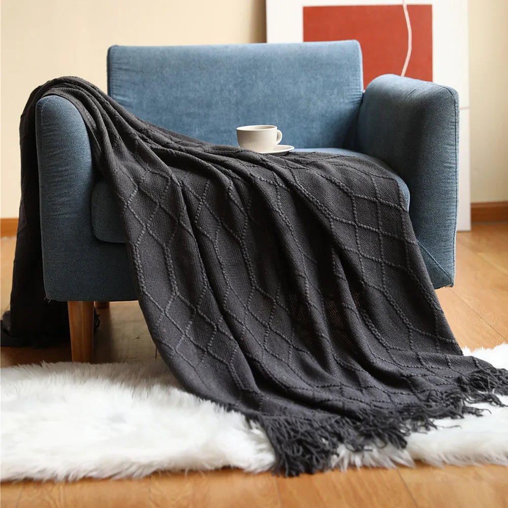 Khaki Gift Knitted Blanket with Tassels Chunky Vintage Luxury Farmhouse Throw Bedspread Oversized Blanket Cover Manta Para Sofá