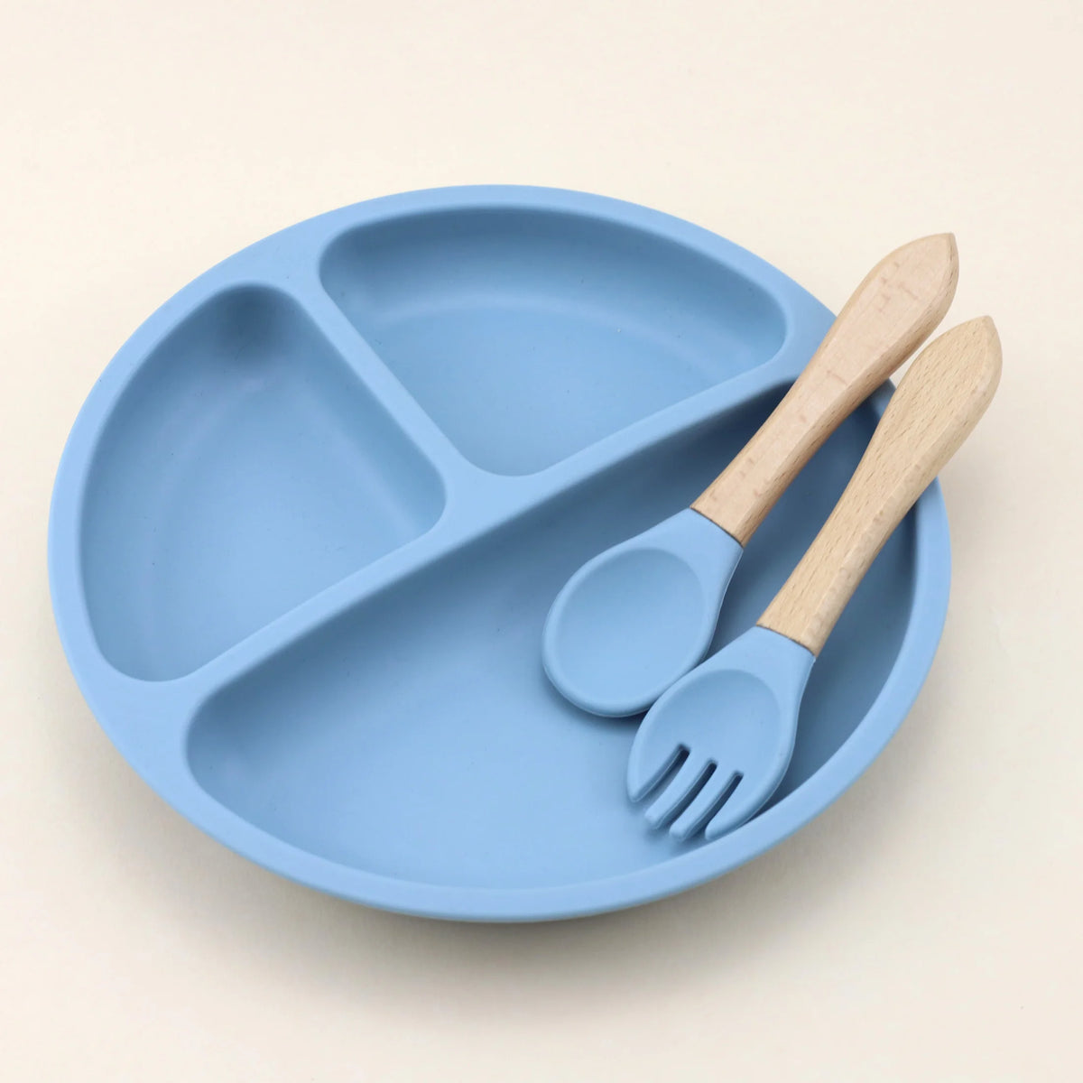 Food Grade Silicone Small Suction Cup Grid Plate, Baby Food Utensil, Wooden Handle Spoon Fork Three Piece Set
