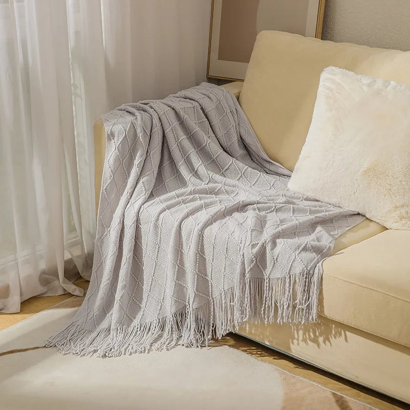 Khaki Gift Knitted Blanket with Tassels Chunky Vintage Luxury Farmhouse Throw Bedspread Oversized Blanket Cover Manta Para Sofá
