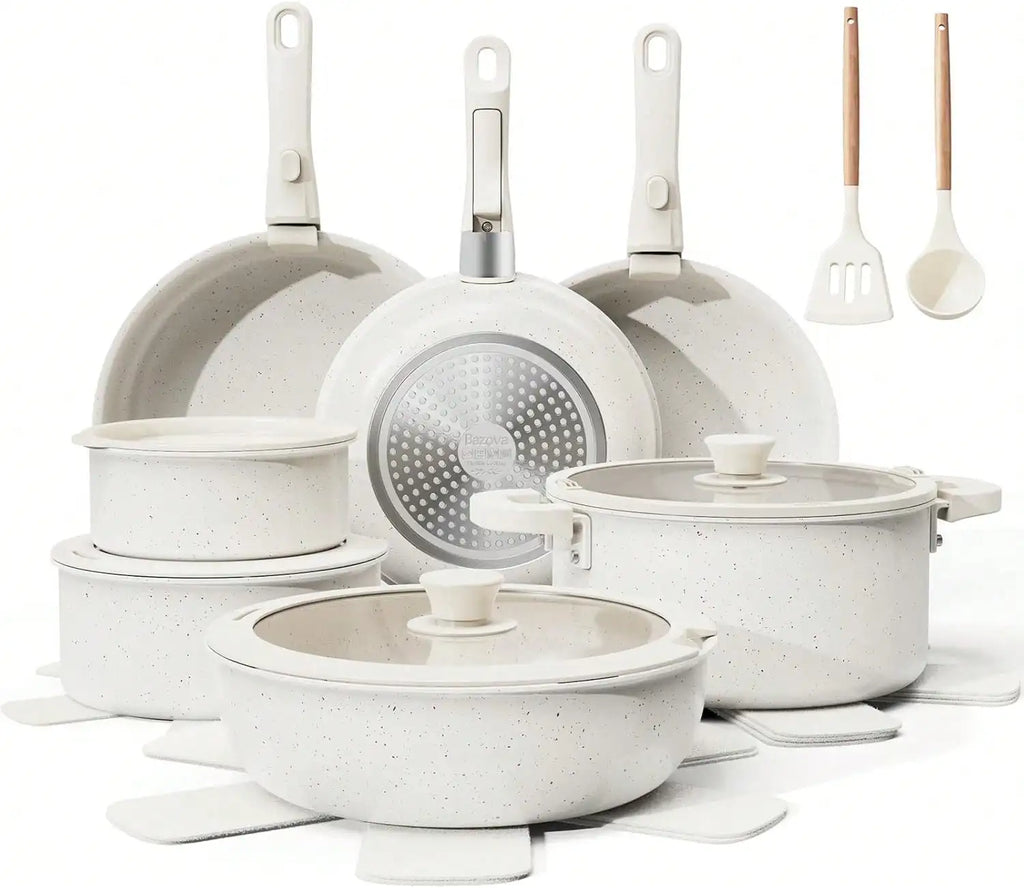 22 Piece Non Stick Ceramic Cookware Set With Removable Handles Induction Compatible Dishwasher Ptfe White Pots And Pans Set