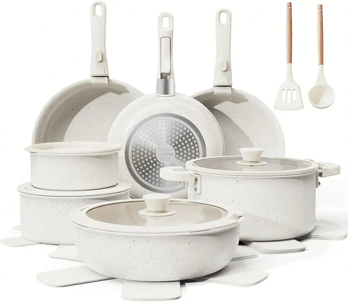 22 Piece Non Stick Ceramic Cookware Set With Removable Handles Induction Compatible Dishwasher Ptfe White Pots And Pans Set
