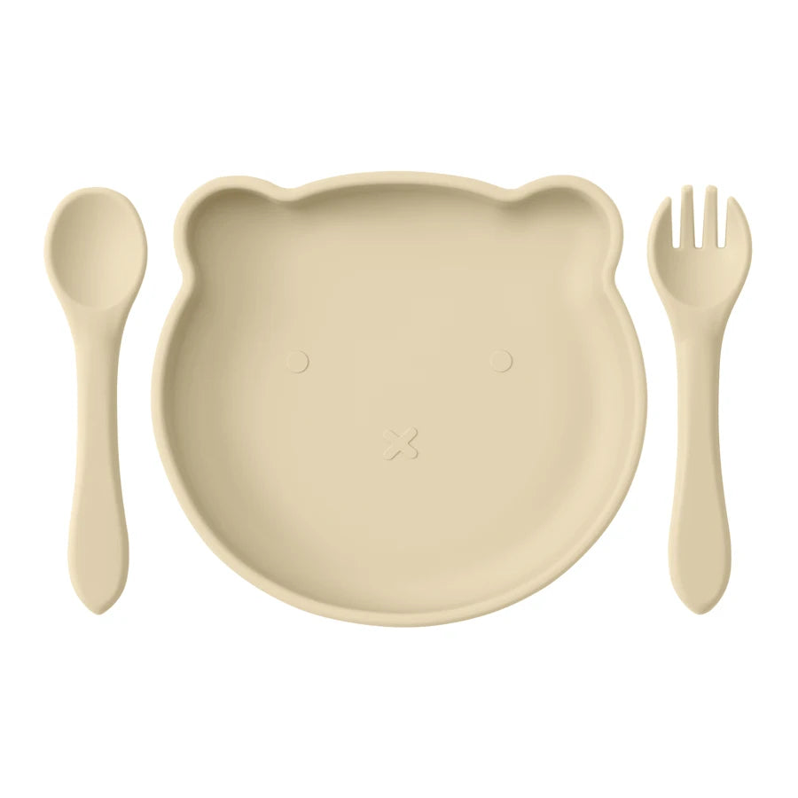 Mamaplan Silicone Kids Dishes Plate Soft Spoon Fork Cartoon Bear Dishes Plate Feeding Food Sucker Bowl Training Baby Tableware