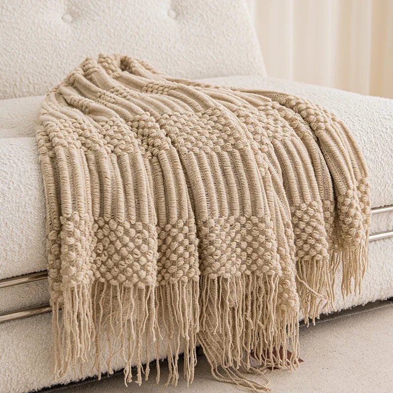 Khaki Gift Knitted Blanket with Tassels Chunky Vintage Luxury Farmhouse Throw Bedspread Oversized Blanket Cover Manta Para Sofá