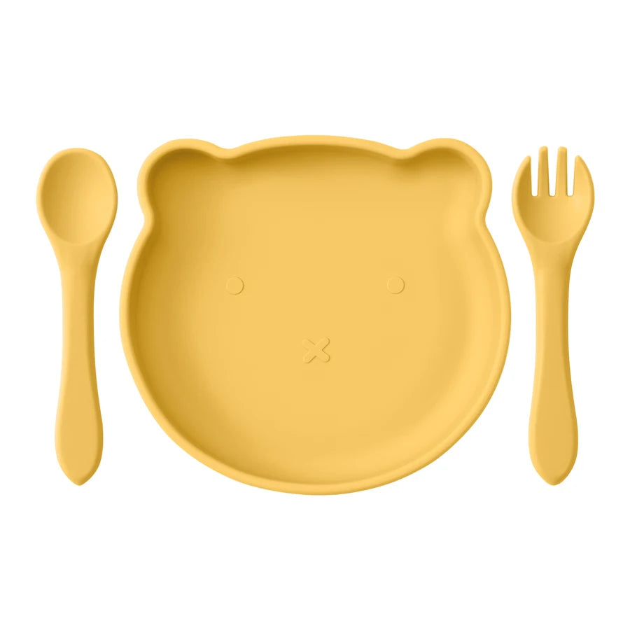 Mamaplan Silicone Kids Dishes Plate Soft Spoon Fork Cartoon Bear Dishes Plate Feeding Food Sucker Bowl Training Baby Tableware
