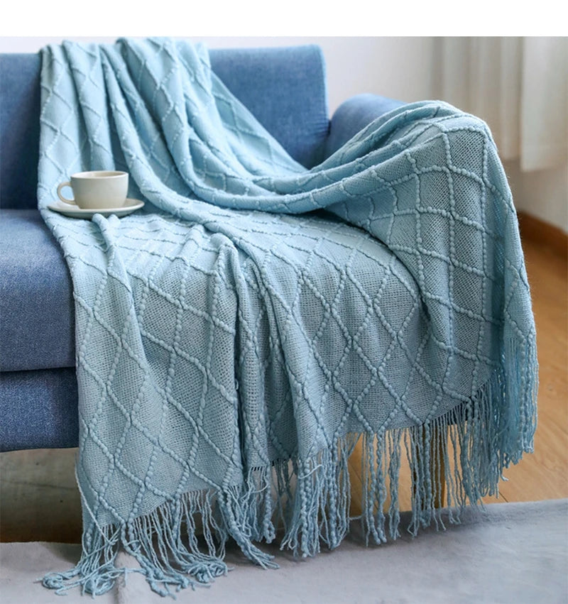 Khaki Gift Knitted Blanket with Tassels Chunky Vintage Luxury Farmhouse Throw Bedspread Oversized Blanket Cover Manta Para Sofá