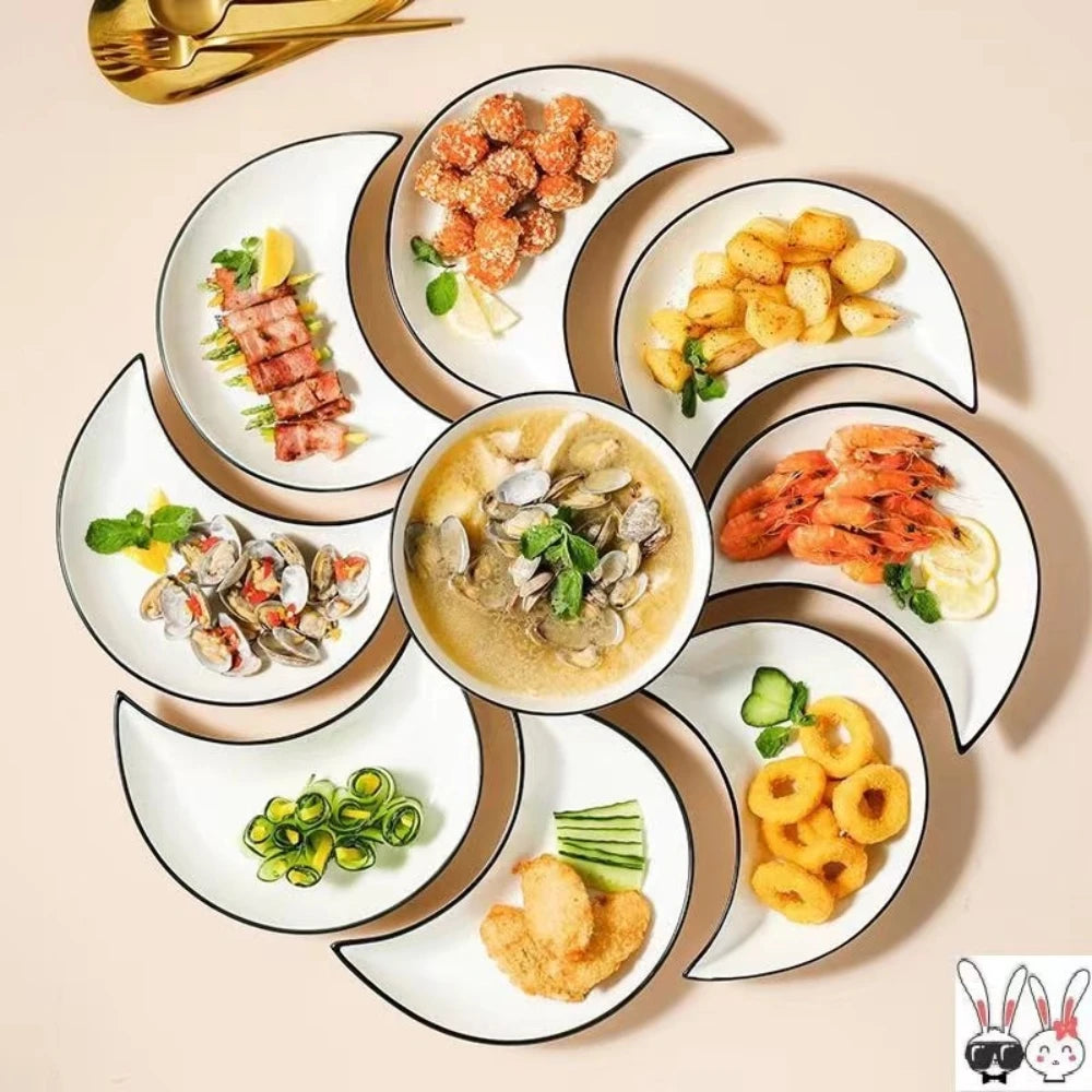 5 Piece Reunion Ceramic Dinnerware Serving Set Moon Shaped Hot Pot Plate Flexible Combination of Plates. Can be used for serving or everyday dinnerware.
