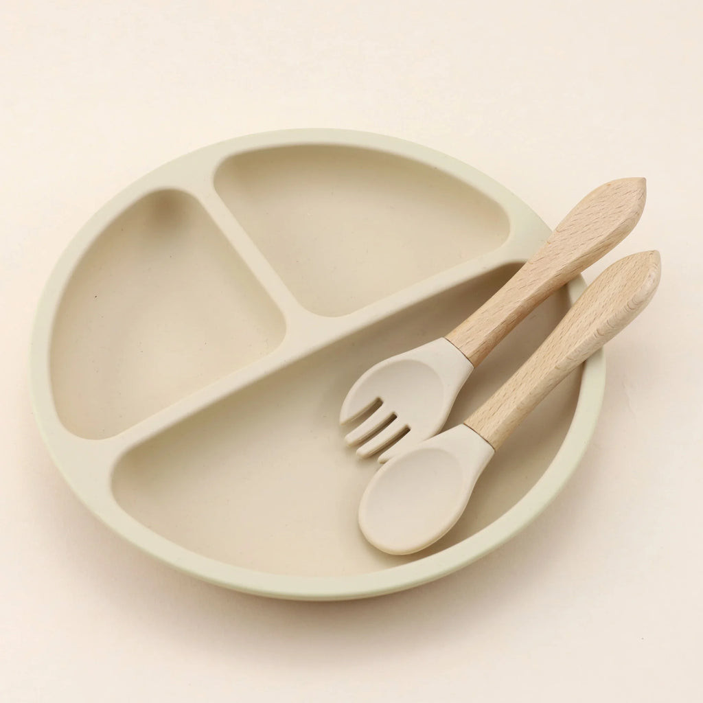 Food Grade Silicone Small Suction Cup Grid Plate, Baby Food Utensil, Wooden Handle Spoon Fork Three Piece Set
