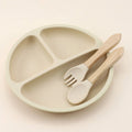 Food Grade Silicone Small Suction Cup Grid Plate, Baby Food Utensil, Wooden Handle Spoon Fork Three Piece Set