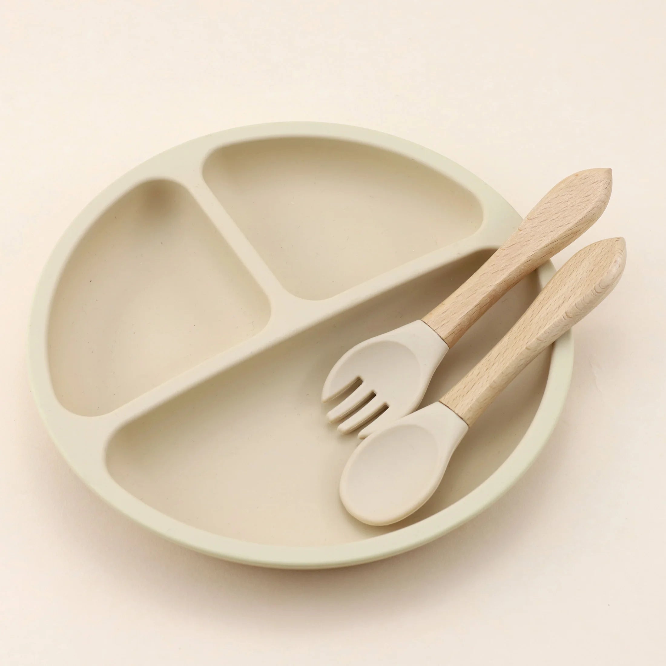 Food Grade Silicone Small Suction Cup Grid Plate, Baby Food Utensil, Wooden Handle Spoon Fork Three Piece Set