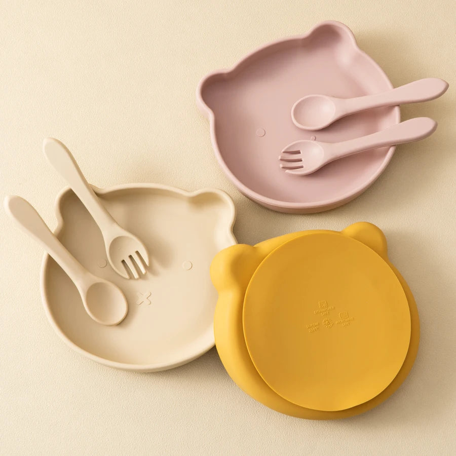 Mamaplan Silicone Kids Dishes Plate Soft Spoon Fork Cartoon Bear Dishes Plate Feeding Food Sucker Bowl Training Baby Tableware