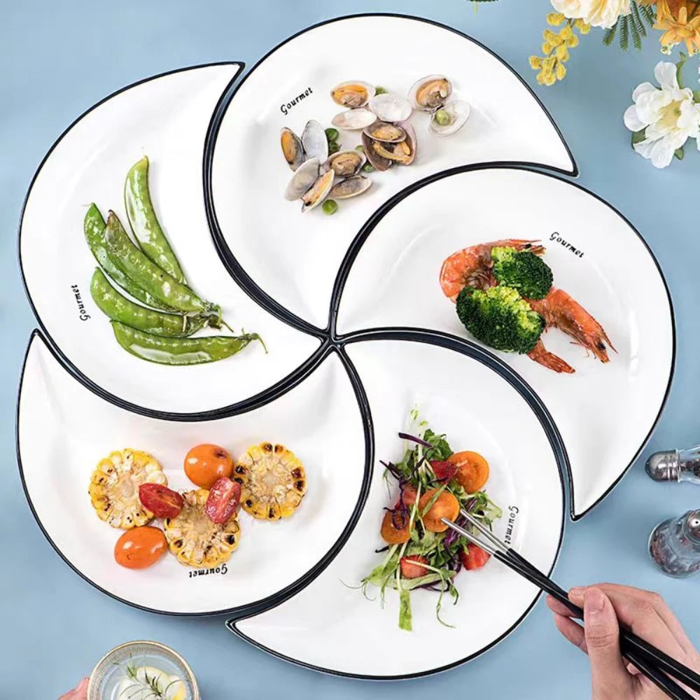 5 Piece Reunion Ceramic Dinnerware Serving Set Moon Shaped Hot Pot Plate Flexible Combination of Plates. Can be used for serving or everyday dinnerware.