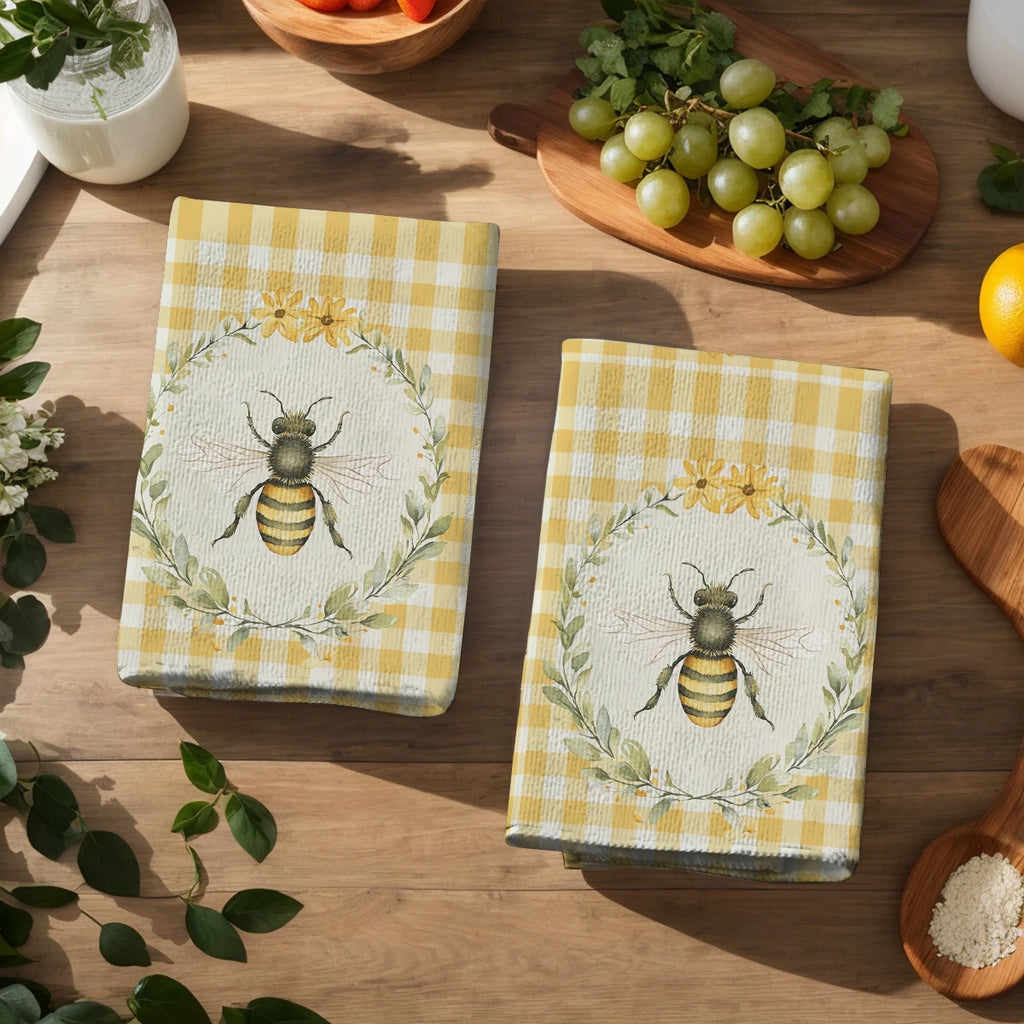 Bees, Sunflower, Wreath & Plaid Pattern Polyester Dish Towel, Kitchen Towel, Dish Cloth - Stylish Linen For Home Kitchen Daily Use