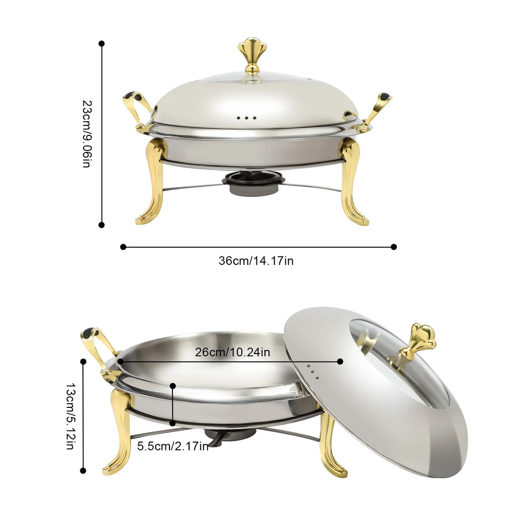 Round Gold Chafing Dish for Buffet 2.64QT Stainless Steel Food Warmer w/ Lid & Handle, Buffet Warmer Chafers  for Parties, Weddings, Catering