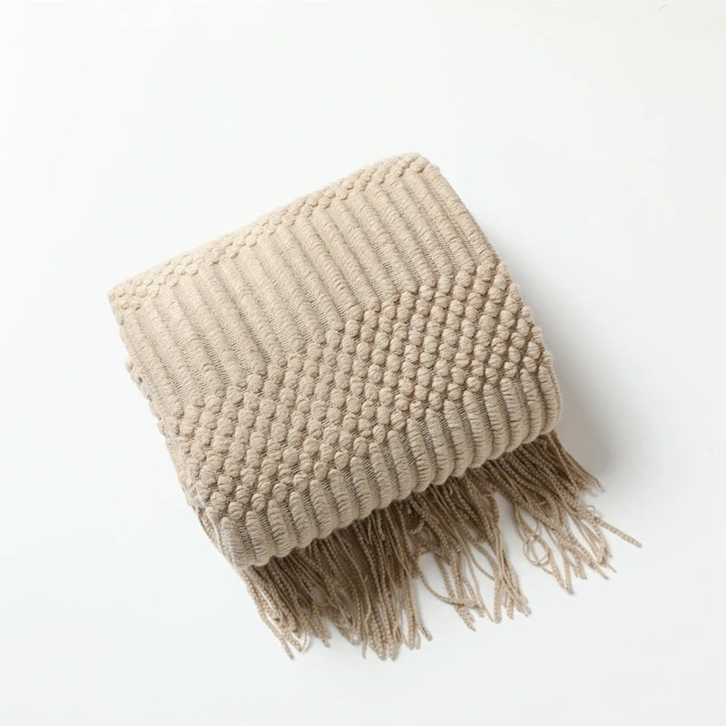 Khaki Gift Knitted Blanket with Tassels Chunky Vintage Luxury Farmhouse Throw Bedspread Oversized Blanket Cover Manta Para Sofá