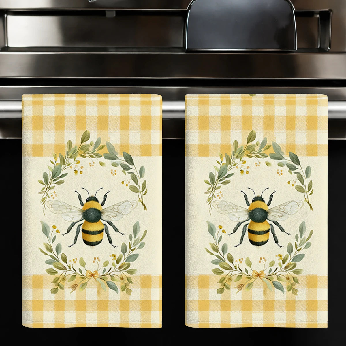 Bees, Sunflower, Wreath & Plaid Pattern Polyester Dish Towel, Kitchen Towel, Dish Cloth - Stylish Linen For Home Kitchen Daily Use