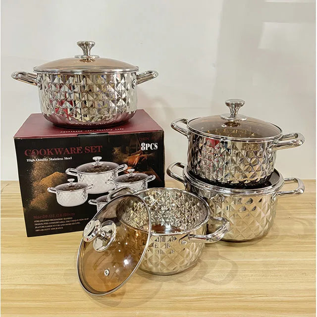 4-Piece set Thickened pot set Stainless steel cookware Diamond pot with lid Soup pot cookware