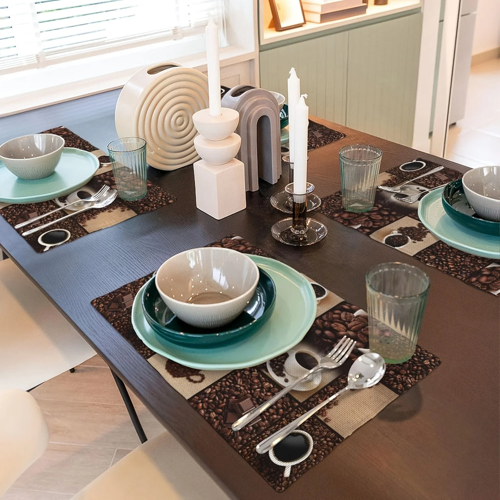4/6/8pcs Coffee Beans Chocolate Cups Placemats Linen Washable Non Slip Heat Resistant Table Mats for Kitchen Dining Decor