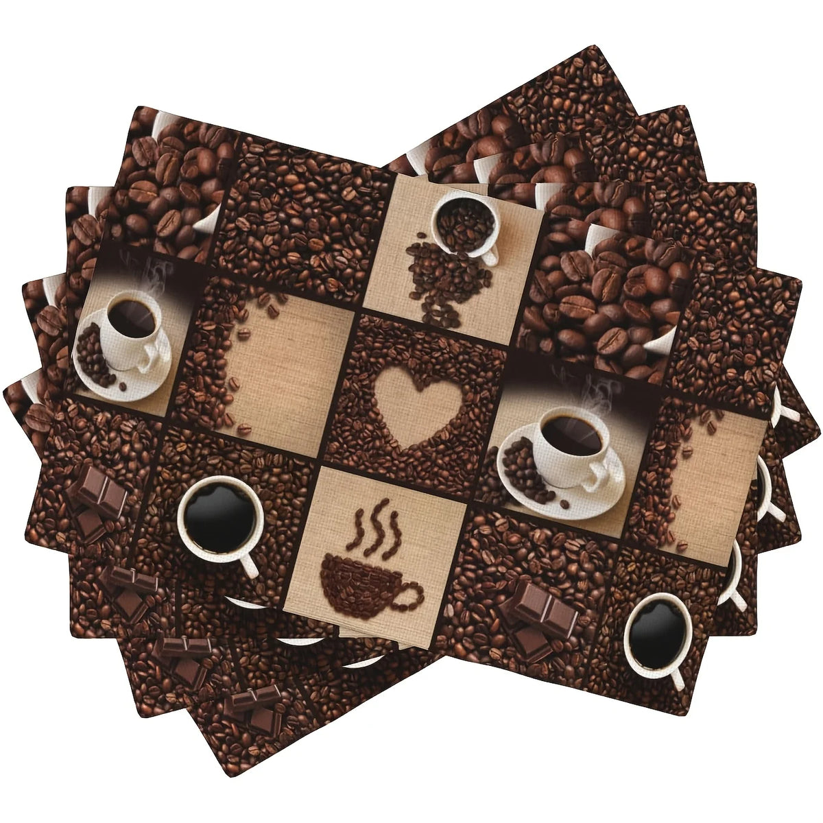 4/6/8pcs Coffee Beans Chocolate Cups Placemats Linen Washable Non Slip Heat Resistant Table Mats for Kitchen Dining Decor
