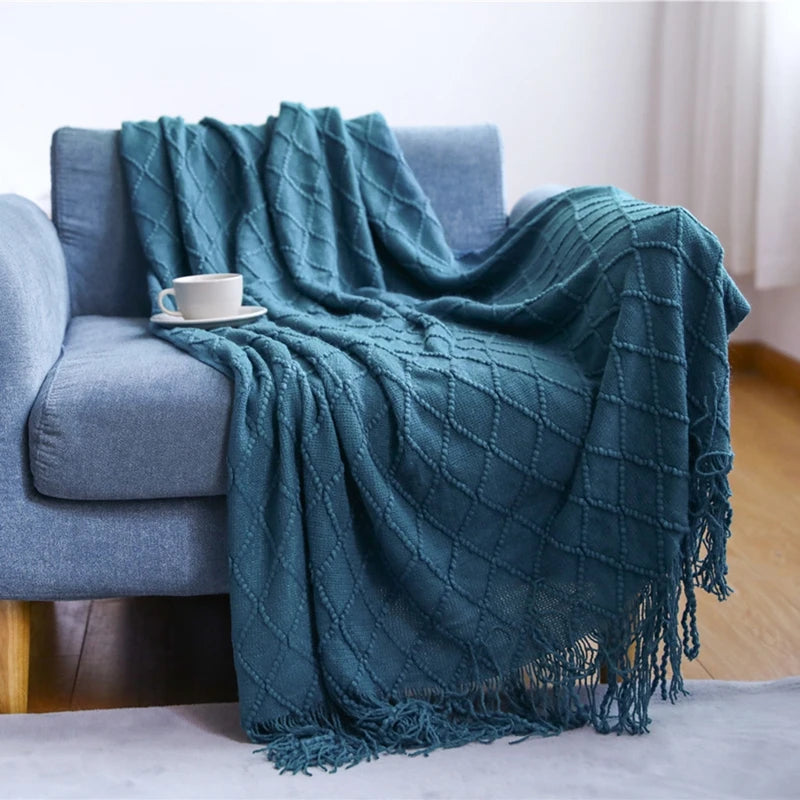 Khaki Gift Knitted Blanket with Tassels Chunky Vintage Luxury Farmhouse Throw Bedspread Oversized Blanket Cover Manta Para Sofá