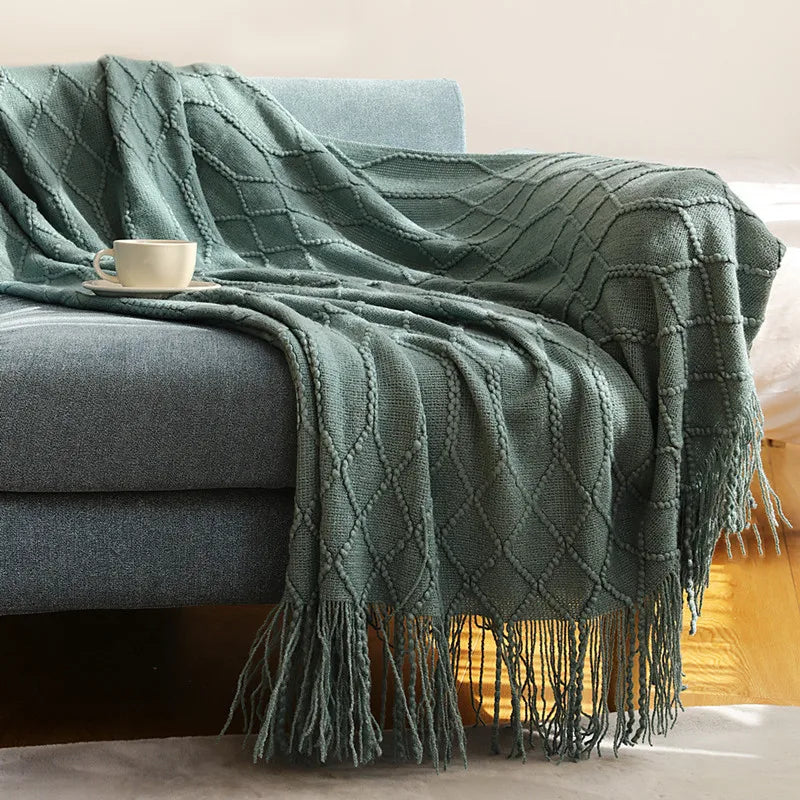 Khaki Gift Knitted Blanket with Tassels Chunky Vintage Luxury Farmhouse Throw Bedspread Oversized Blanket Cover Manta Para Sofá