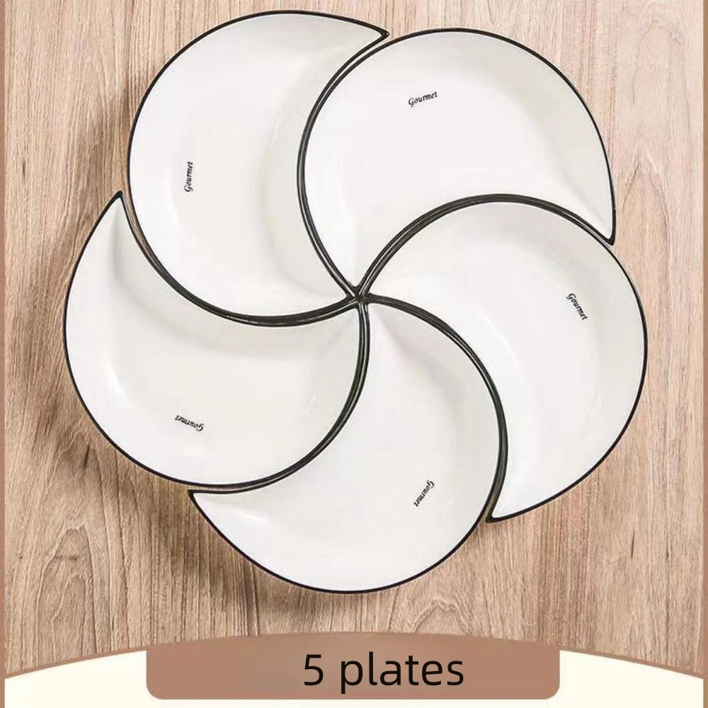 5 Piece Reunion Ceramic Dinnerware Serving Set Moon Shaped Hot Pot Plate Flexible Combination of Plates. Can be used for serving or everyday dinnerware.