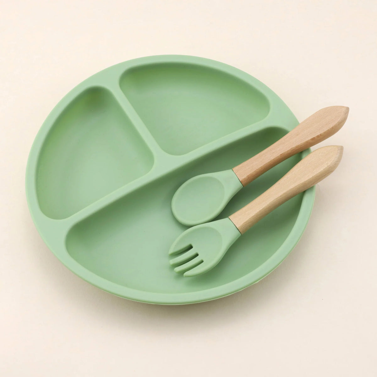 Food Grade Silicone Small Suction Cup Grid Plate, Baby Food Utensil, Wooden Handle Spoon Fork Three Piece Set