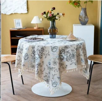 Floral Linen Cotton Tablecloth Pastoral Floral Rustic Washable Round Table Cover For Farmhouse Decor,Picnic,Tabletop Decor