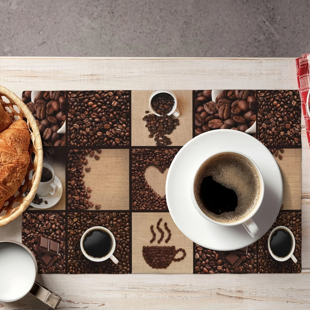 4/6/8pcs Coffee Beans Chocolate Cups Placemats Linen Washable Non Slip Heat Resistant Table Mats for Kitchen Dining Decor