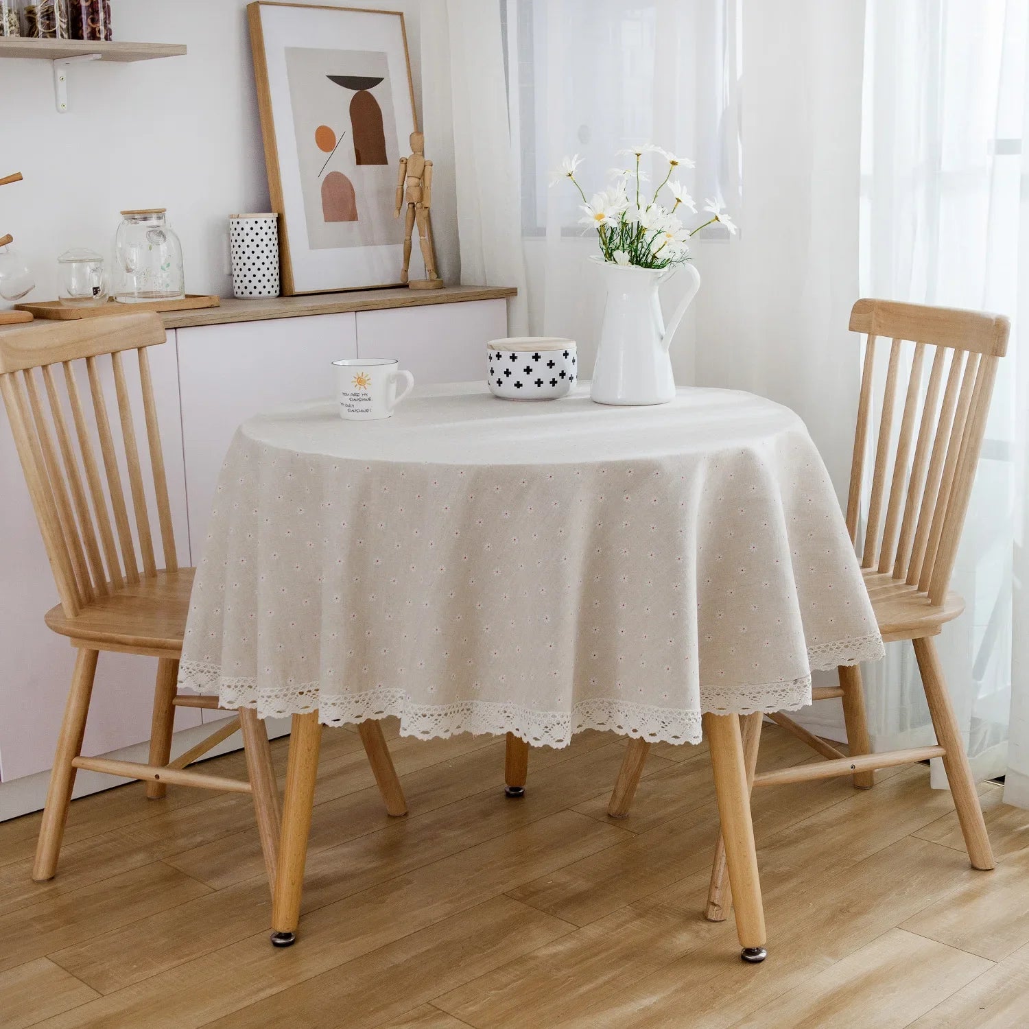 Floral Linen Cotton Tablecloth Pastoral Floral Rustic Washable Round Table Cover For Farmhouse Decor,Picnic,Tabletop Decor