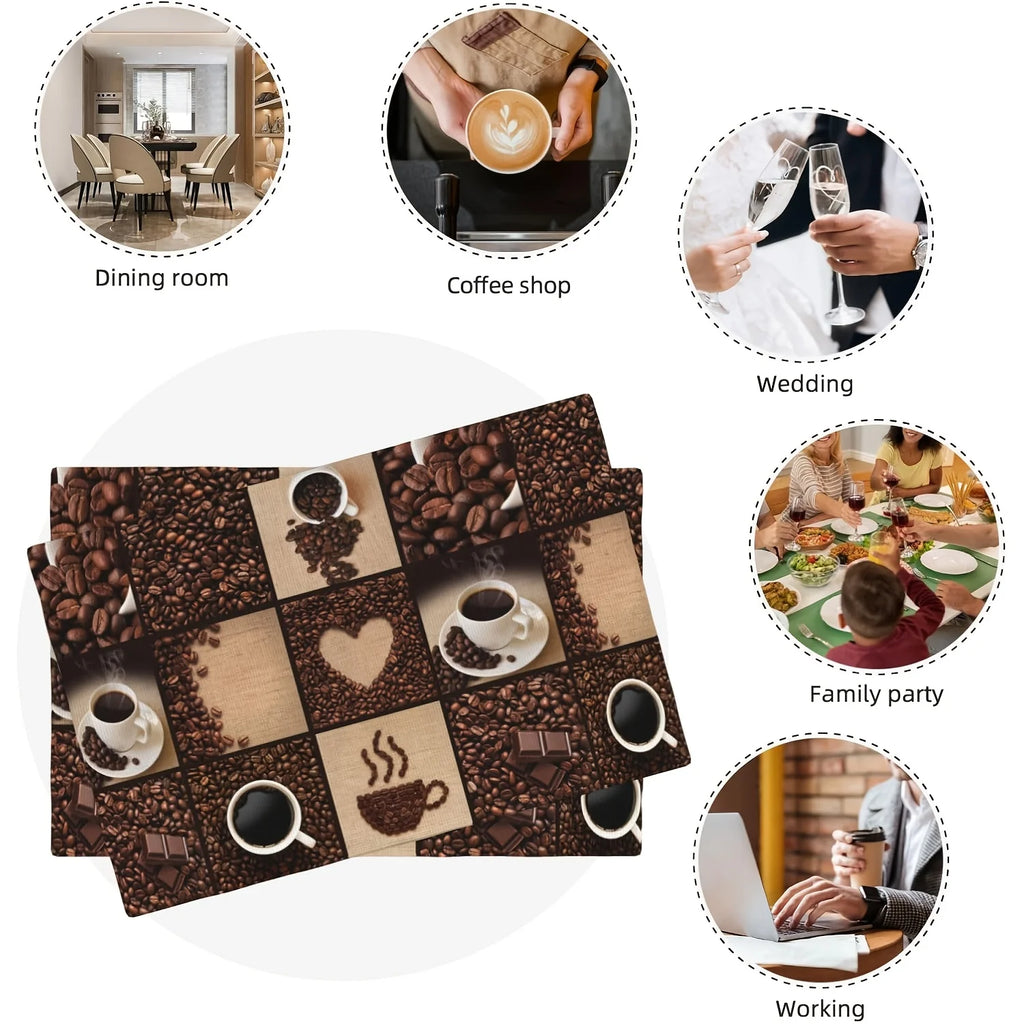 4/6/8pcs Coffee Beans Chocolate Cups Placemats Linen Washable Non Slip Heat Resistant Table Mats for Kitchen Dining Decor