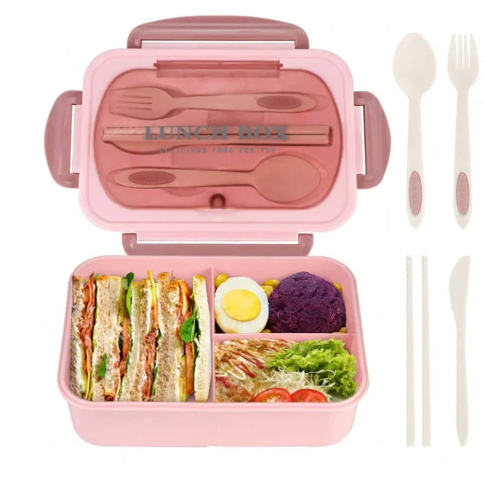 Adult set bento box, 3 compartments, cannot be placed in microwave or dishwasher (with knife, fork, spoon, and chopsticks)