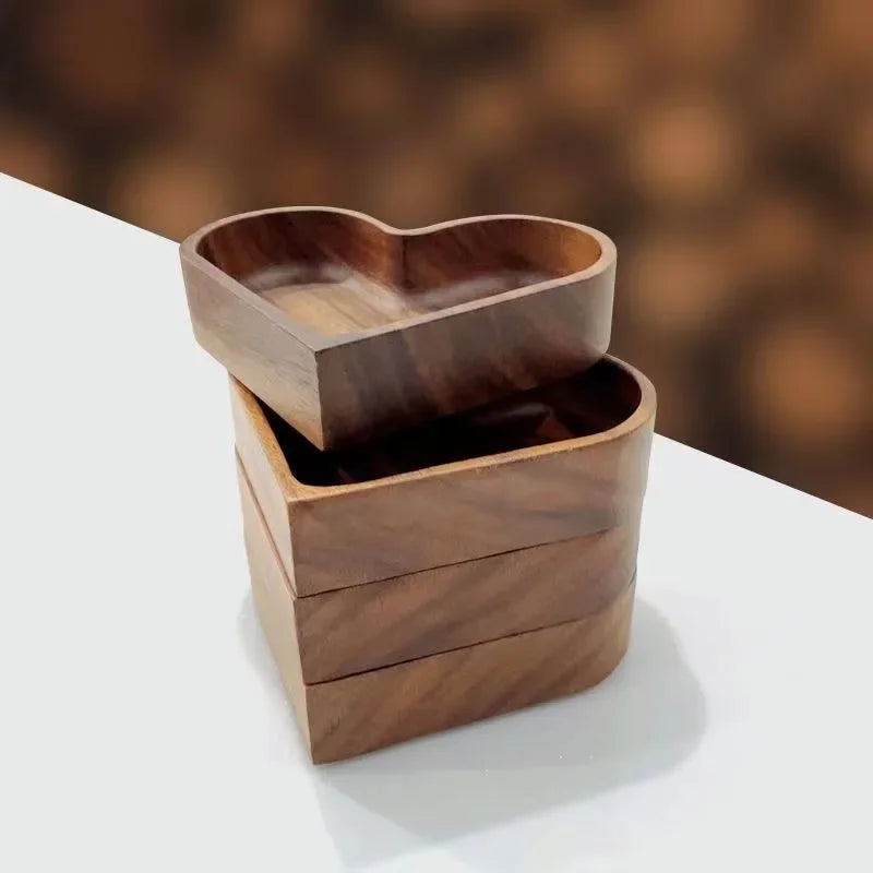 Creative Heart Shape Dessert Storage Box Solid Wood Candy Tray Natural Walnut Serving Platter Stackable Nut Bowl  for Snacks