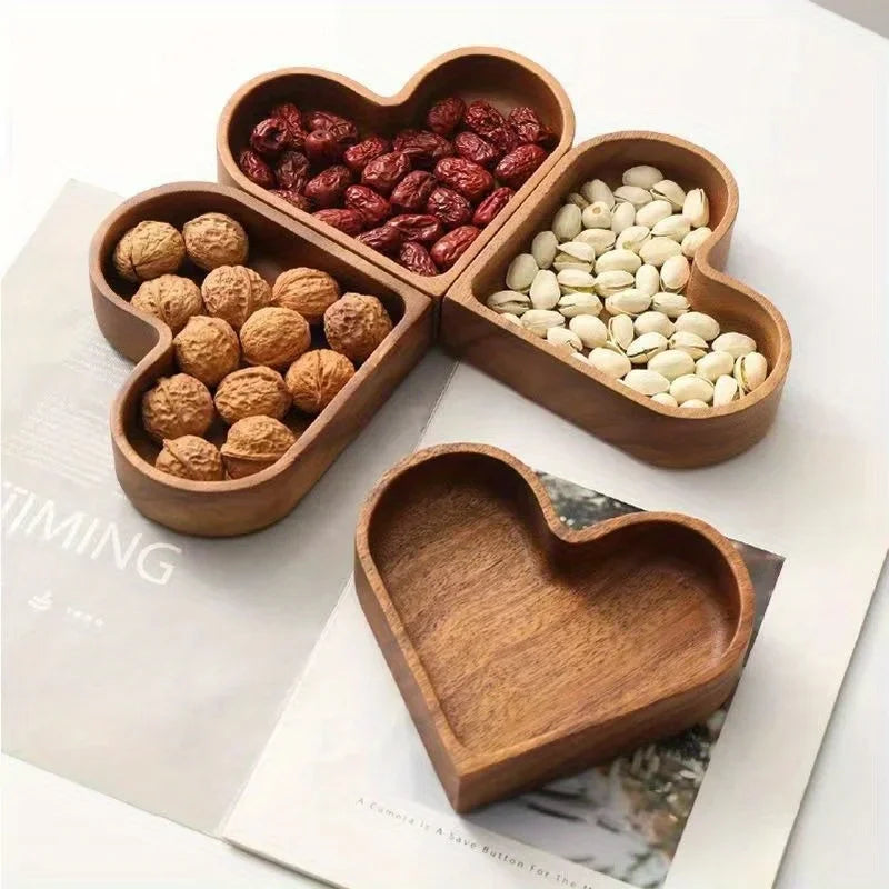Creative Heart Shape Dessert Storage Box Solid Wood Candy Tray Natural Walnut Serving Platter Stackable Nut Bowl  for Snacks