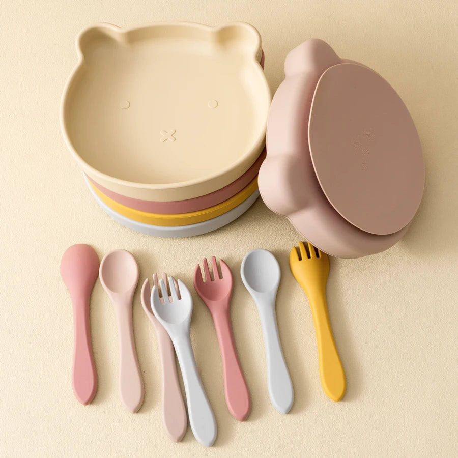 Mamaplan Silicone Kids Dishes Plate Soft Spoon Fork Cartoon Bear Dishes Plate Feeding Food Sucker Bowl Training Baby Tableware