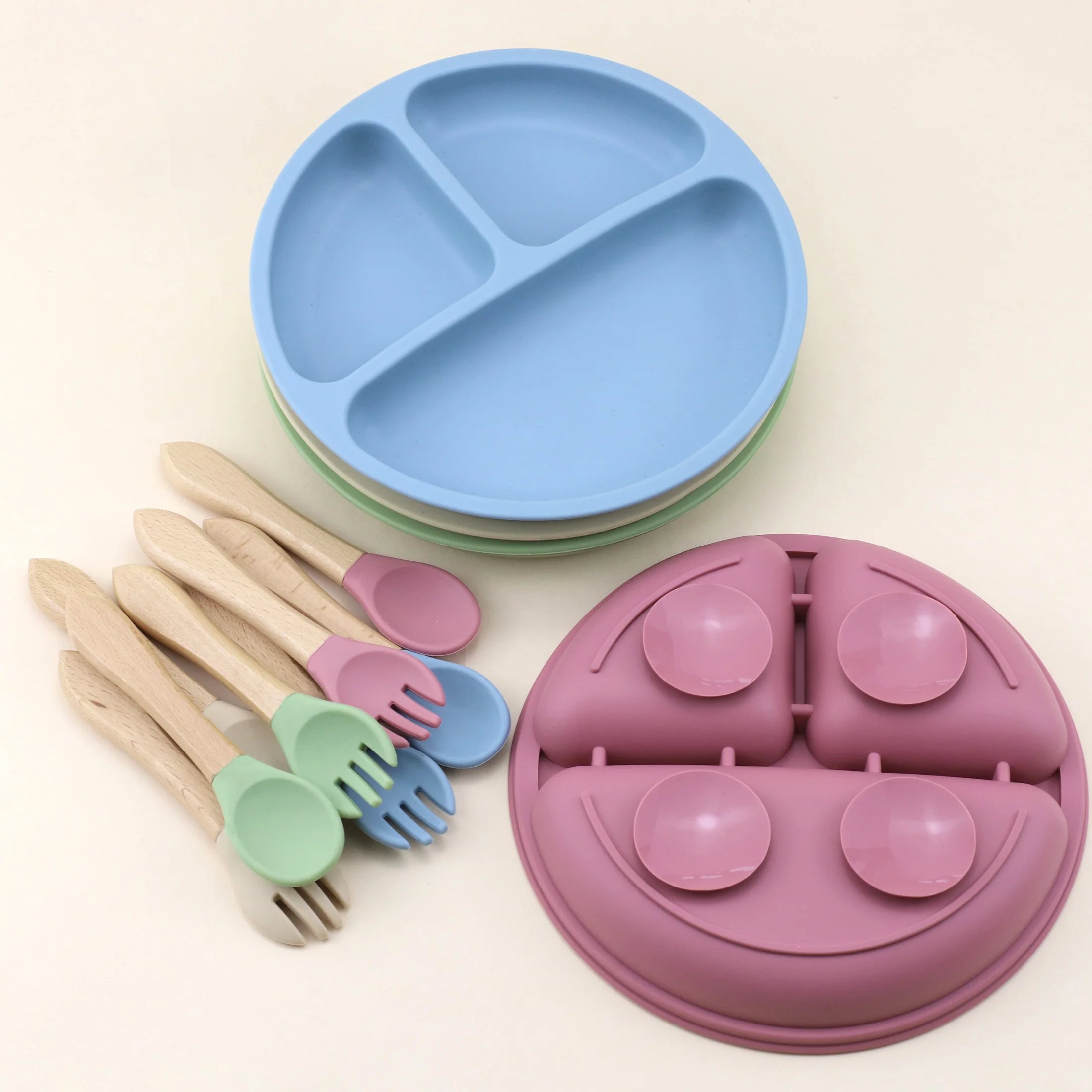 Food Grade Silicone Small Suction Cup Grid Plate, Baby Food Utensil, Wooden Handle Spoon Fork Three Piece Set