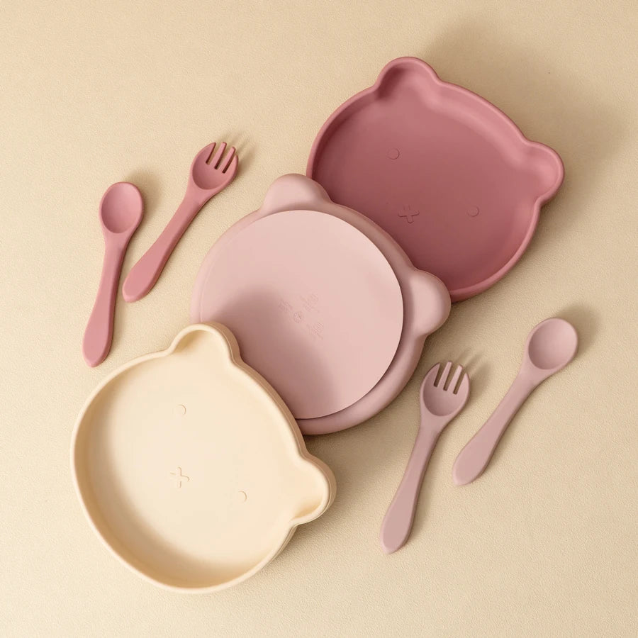 Mamaplan Silicone Kids Dishes Plate Soft Spoon Fork Cartoon Bear Dishes Plate Feeding Food Sucker Bowl Training Baby Tableware