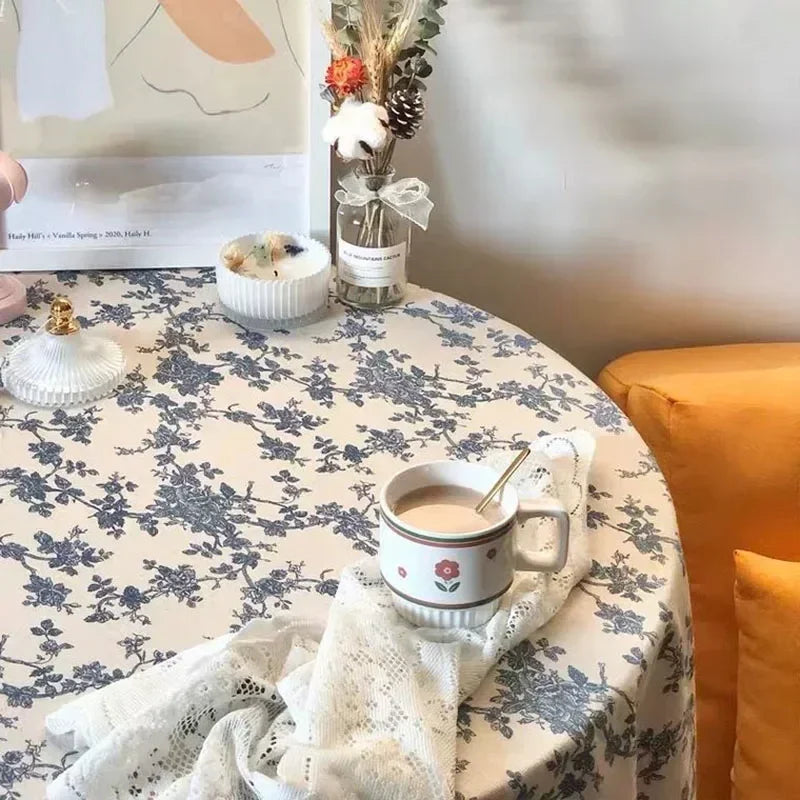 Floral Linen Cotton Tablecloth Pastoral Floral Rustic Washable Round Table Cover For Farmhouse Decor,Picnic,Tabletop Decor
