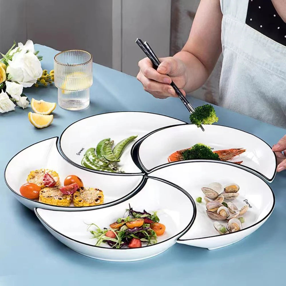 5 Piece Reunion Ceramic Dinnerware Serving Set Moon Shaped Hot Pot Plate Flexible Combination of Plates. Can be used for serving or everyday dinnerware.